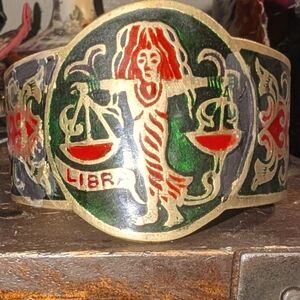 Vintage LIBRA Zodiac Brass & Enamel Statement Cuff Boho Bracelet